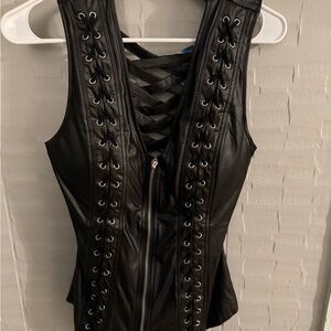 Black Lace-Up Faux Leather Vest